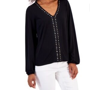 INC International Concepts Women’s Embellished Studded Black Top V-Neck 
New S